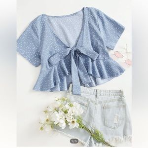 Light blue polka dot tie front crop babydoll top
